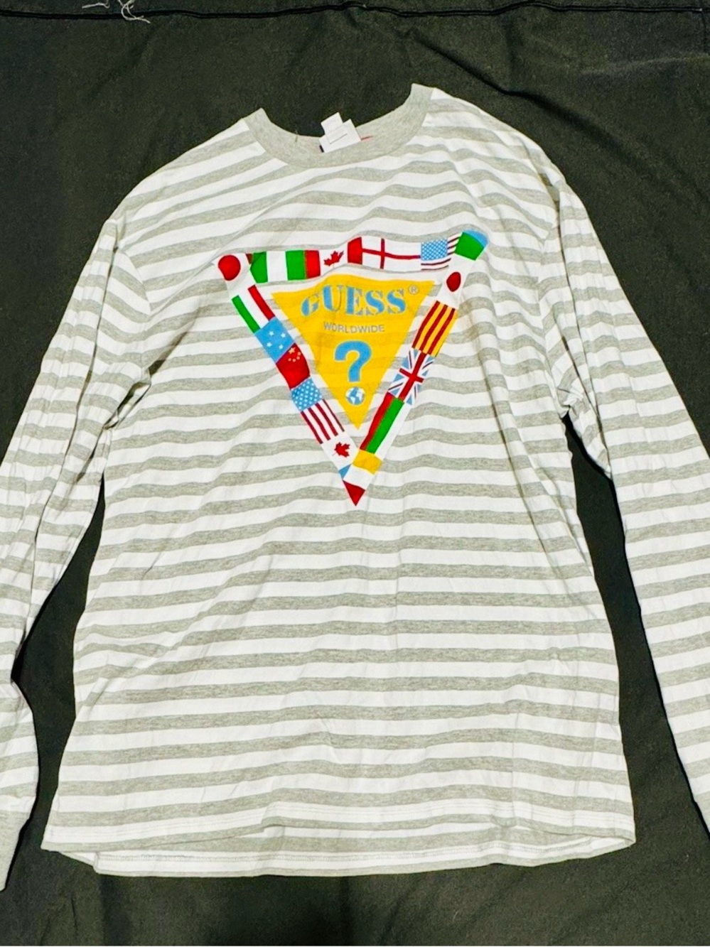 GUESS White and Gray Striped Long-Sleeve Tee with Colorful Flag Triangle Logo